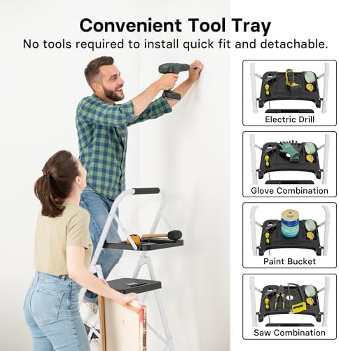 BONTEC 4-Step Ladder, 400lbs Max Load, Folding Step Stool with Tool Tray, Anti-Slip Pedals, Sturdy Steel, Lightweight Portable Ladder with Handrail for Home & Work Use, White