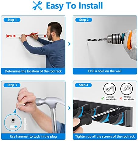 PLUSINNO Vertical Fishing Rod Holder, Wall Mounted Fishing Rod Rack, Fishing Pole Holder Holds Up to 9 Rods or Combos, Fishing Rod Holders for Garage, Fits Most Rods of Diameter 3-19mm