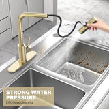 Brushed Gold Single Hole Kitchen Faucets with Pull Down Sprayer, Single Handle, High Flow Water, Pull Out Tap, Stainless Steel Sink Faucet, Suitable for Farmhouse Camper Laundry Rv Bar
