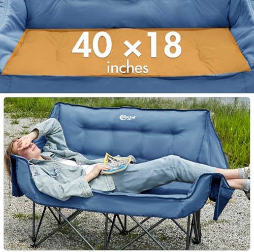 PORTAL Double Camping Chair Sofa 2 Person Loveseat Folding Thicken Camp Chair for Adults with Cup Holder, Outdoors Lawn Camp Soccer Sports, Support 600 lbs (Blue)