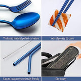 Portable Reusable Travel Utensils Silverware With Case, Camping Cutlery Set, Chopsticks and Straw, Flatware With Case, Stainless Steel Top (Blue)
