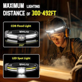 EGUKU Headlamp Flashlight, 2Pack Rechargeable LED Headlamps 1200Lumens 2 COB 260°Wide Beam Headlight with Motion Sensor Bright 18 Modes Lightweight Waterproof Head Lamp for Running, Camping Hiking