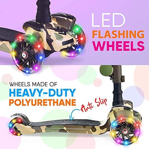 Hurtle 3-Wheeled Scooter for Kids - Wheel LED Lights, Adjustable Lean-to-Steer Handlebar, and Foldable Seat - Sit or Stand Ride with Brake for Boys and Girls Ages 1-14 Years Old