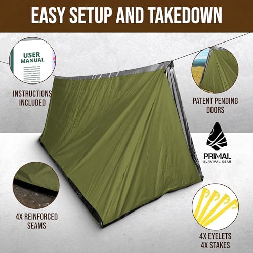 Orange Polyester Survival Tent with Doors - Compact, Durable, All-Season Shelter for Camping, Hiking, and Emergency Preparedness