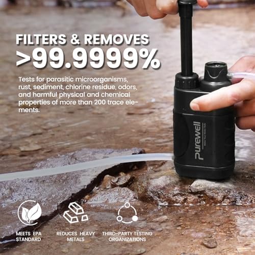 Purewell Water Purifier Pump with Replaceable Carbon 0.01 Micron Water Filter, 4 Filter Stages, Portable Outdoor Emergency and Survival Gear - Camping, Hiking, Backpacking