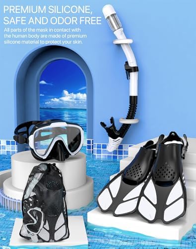 Snorkeling Gear for Adults Men Women,4 in 1 Snorkel Set with Panoramic View Diving Mask Anti-Fog Anti-Leak,Dry Top Snorkel,Fins and Travel Bag for Swimming,Snorkeling and Travel Diving