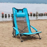 SPORT BEATS Low Beach Chairs Set of 2 Folding Beach Chairs High Back Support with Head Pillows Shoulder Straps