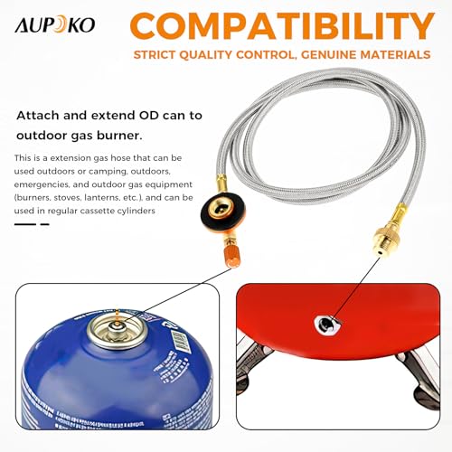 Aupoko Camping Gas Stove Extension Hose 1m, Camping Fuel Canister Valve Tube Pipe Hiking Stove Butane Gas Adapter Convert Connector (1 Meter Flat Gas Tank Extension Tube)