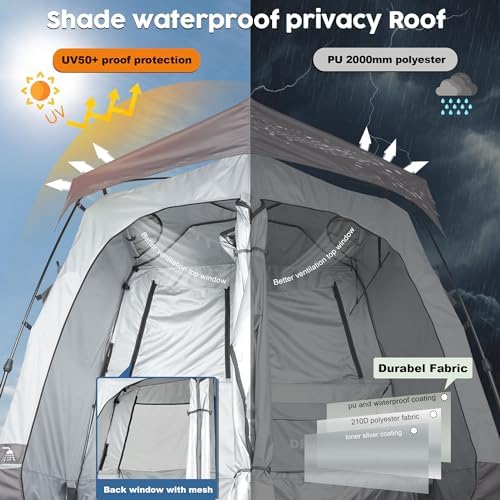 Camping Shower Tent Deluxe Changing Room Easy Set Up Privacy Shelter,Large Toilet Tent 2 Rooms with Floor Drain Design for Beach, Camping,Hiking with Stakes and Ropes for Stability