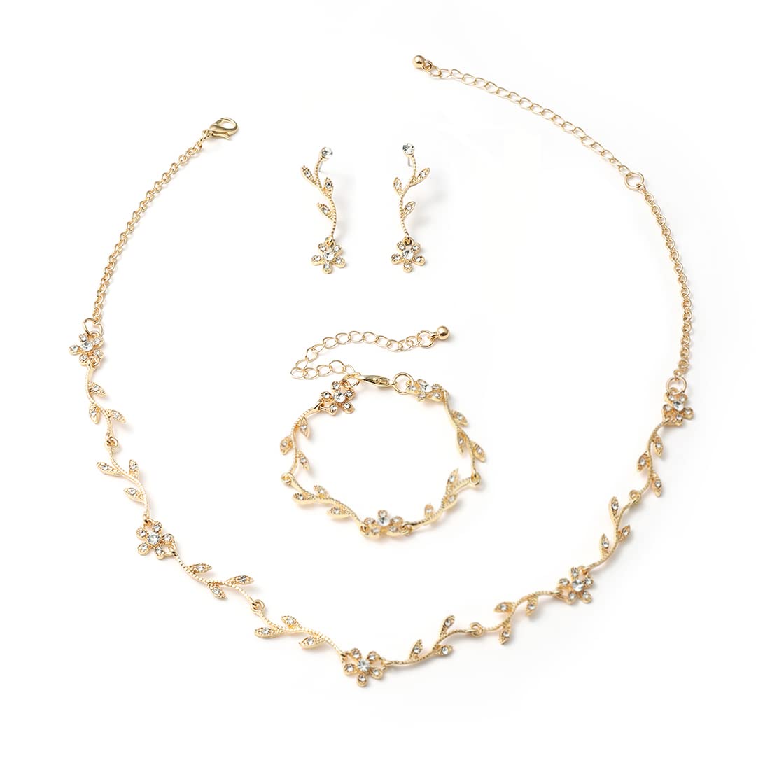 Hapibuy Crystal Necklace Earrings Bracelet Bridal Wedding Jewelry Set Rhinestone Choker Necklace For Women Brides Gold Color