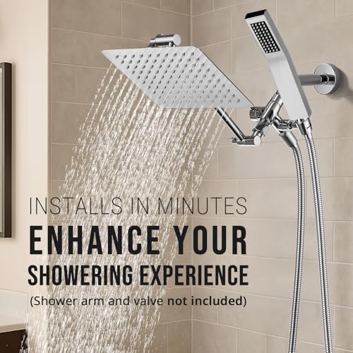 G-Promise All Metal 8 Inch Dual Square Shower Head with Handheld Spray Combo, Rain Shower Head, Adjustable Extension Arm, Smooth 3-Way Diverter, 71 Inch Extra Long Hose - A Bathroom Upgrade (Chrome)