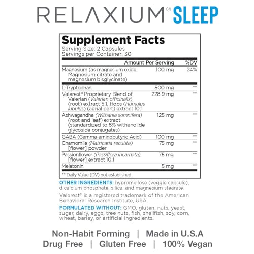 2 Pack Relaxium Sleep Aid for Adults, Melatonin 5mg with Magnesium Glycinate, Sleep-Promoting Valerest & Ashwagandha, Non-Habit Forming Sleep Supplement, 120 Capsules, 60-Day Supply