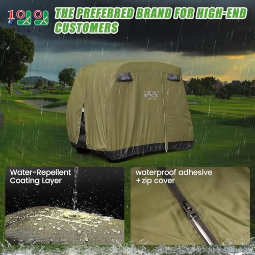 10L0L 2/4/4+2 Passenger Golf Cart Cover Fits for Yamaha EZGO Club Car, 420D Waterproof Durable Polyester Golf Cart Cover with Three Zipper Doors Windproof Sunproof - Black/Army Green/Sliver
