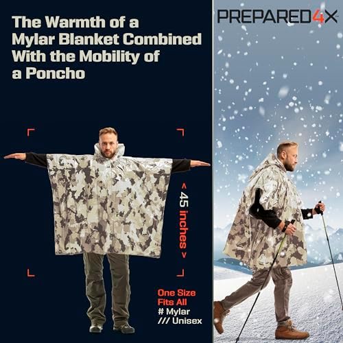 PREPARED4X Emergency Poncho and Mylar Blanket Liner - Waterproof, Wind-Resistant Outdoor Rain Poncho for Camping, Emergencies