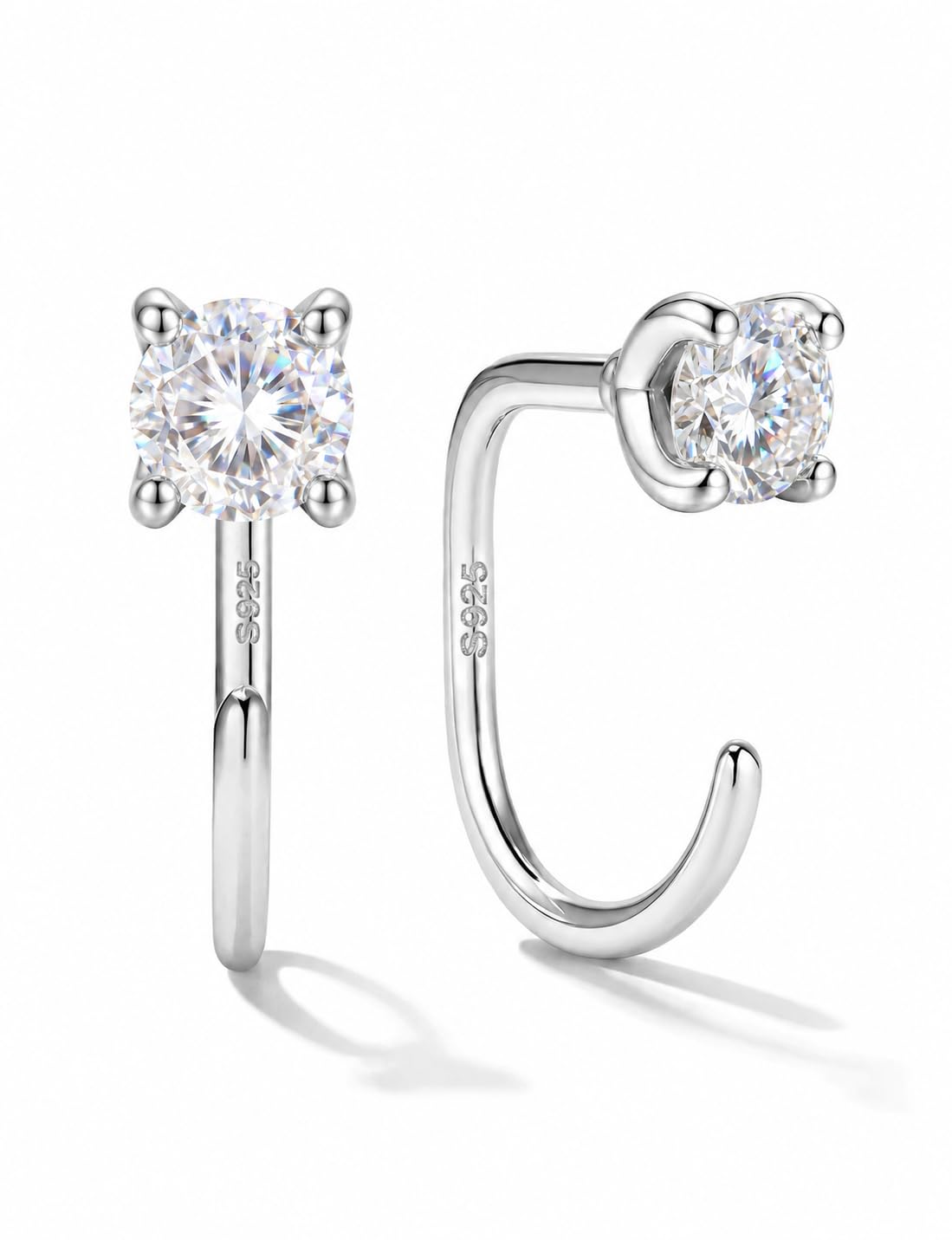 GEMQUEEN Moissanite Half Hoop Earrings, 925 Sterling Silver, 4mm