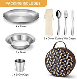 Odoland Camping Complete Messware Kit, Polished Stainless Steel Camp Dinnerware, Camping Cooking Tableware, Cutlery Organizer Utensil with Plates and Bowls Set for Backpacking, Hiking, Picnic