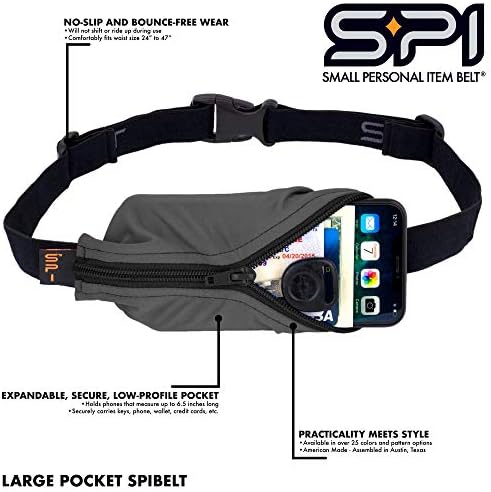 SPIbelt Original Pocket Running Belt for Women Men, Phone Holder for Running, Running Fanny Pack, Holder for Phone, Running Waist Pack, Expandable, Adjustable. Black with Black Zipper