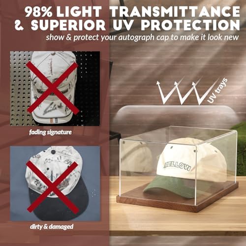 JupDec Hat Display Case, Clear Acrylic Baseball Cap Display Box Stand, UV Protection Signed Hat Transparent Showcase with Solid Wood Base Risers & Hat Shaper, Ideal Gift for Caps Collector