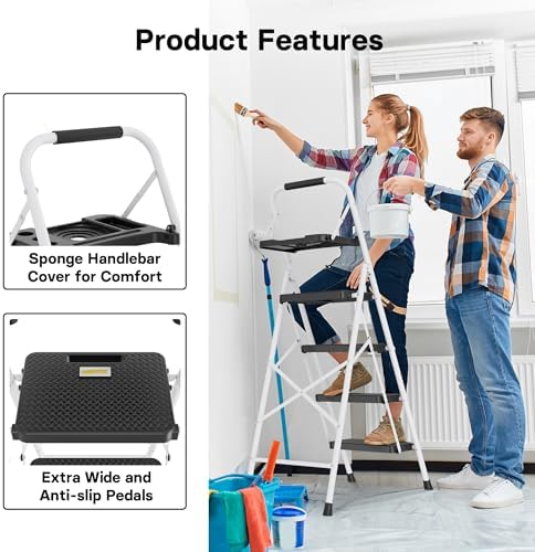 BONTEC 4-Step Ladder, 400lbs Max Load, Folding Step Stool with Tool Tray, Anti-Slip Pedals, Sturdy Steel, Lightweight Portable Ladder with Handrail for Home & Work Use, White