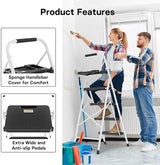 BONTEC 4-Step Ladder, 400lbs Max Load, Folding Step Stool with Tool Tray, Anti-Slip Pedals, Sturdy Steel, Lightweight Portable Ladder with Handrail for Home & Work Use, White
