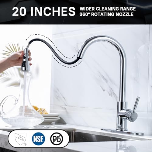 WEWE Sink Faucet, Pull Down Kitchen Faucet with Sprayer Low Lead Commercial Modern Stainless Steel rv Farmhouse Kitchen Faucet Single Handle 1 or 3 Hole Kitchen Sink Faucet, Polished Chrome