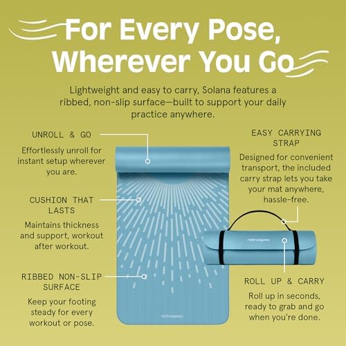Retrospec Solana Yoga Mat 1/2" Thick w/Nylon Strap for Men & Women - Non Slip Exercise Mat for Yoga, Pilates, Stretching, Floor & Fitness Workouts