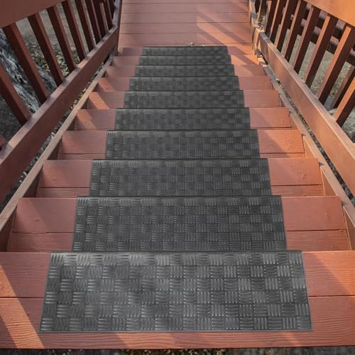Indoor/Outdoor Hose-Wash Square Edge Design Non-Slip Rubber 10" x 30" Modern Stair Treads for Stairs, Garage, Patio, 5 Pack, Ridged Black