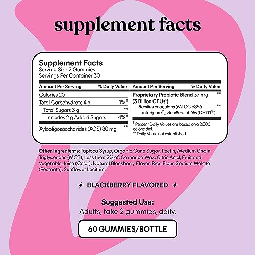 Lemme Debloat - Digestive & Gut Health Gummies with 2 Clinically Studied Probiotics & Prebiotic, 3 Billion CFUs - Vegan, Gluten Free, Non GMO, BlackBerry Flavor (60 Count)