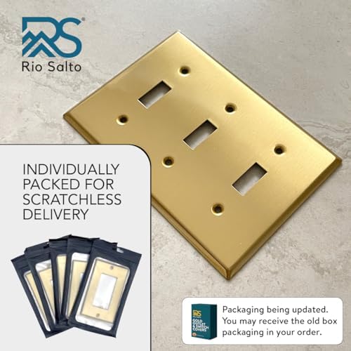 Rio Salto BRASS Metal Gold Triple Toggle Light Switch Metal Wall Plate 3-Gang Toggle Wallplate Cover Wall Plate Light Switch Covers 1-Pack Standard Size