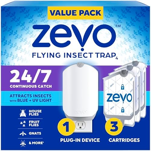 Zevo Flying Insect Trap & 3 Cartridges - Plug in Fly Trap & Indoor Bug Catcher for Gnats, House & Fruit Flies - Mess-Free - Use in Any Room - Uses Blue & UV Light (1 Plug in Device & 3 Cartridges)