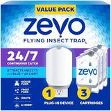 Zevo Flying Insect Trap & 3 Cartridges - Plug in Fly Trap & Indoor Bug Catcher for Gnats, House & Fruit Flies - Mess-Free - Use in Any Room - Uses Blue & UV Light (1 Plug in Device & 3 Cartridges)