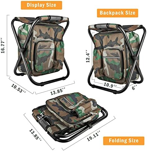 Kikerike Folding Stool Backpack Insulated Cooler Bag, Collapsible Camping Hunting Fishing Multifunction Chair with Front Pocket and Bottle Pocket for Outdoor Events, Hiking, Travel, Beach