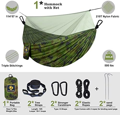 Camping Hammock with Net,Travel Portable Lightweight Hammocks with Tree Straps and Solid D-Shape Carabiners,Parachute Nylon Hammock for Outsides Backpacking Beach Backyard Patio Hiking
