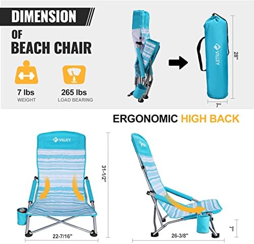 VILLEY Low Beach Chairs for Adults 2 Pack, High Back Folding Beach Chairs, Lightweight and Portable for Outdoor, Beach, Camping, Lawn, Music Festival, with Cup Holder and Carry Bag-Blue Stripes