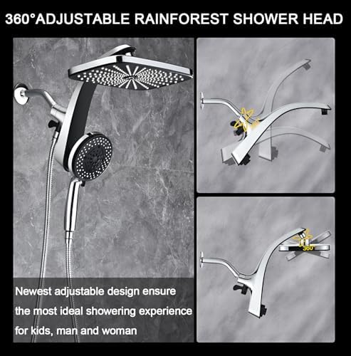 High Pressure Rain Shower Head: Upgrade Shower Heads with Handheld Spray Combo with Fixed Showerhead and 10 Sprays Handheld Shower Head, Detachable Shower head Built-in Magnetic Docking and Power Jets