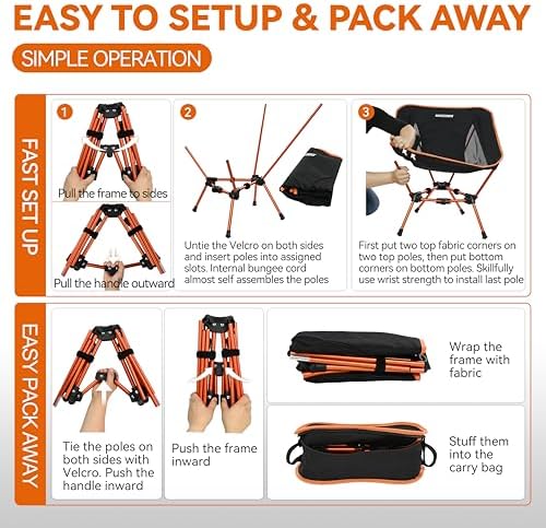 MARCHWAY Lightweight Folding Camping Chair, Stable Portable Compact for Outdoor Camp, Travel, Beach, Picnic, Festival, Hiking, Backpacking, Supports 330Lbs (Orange)