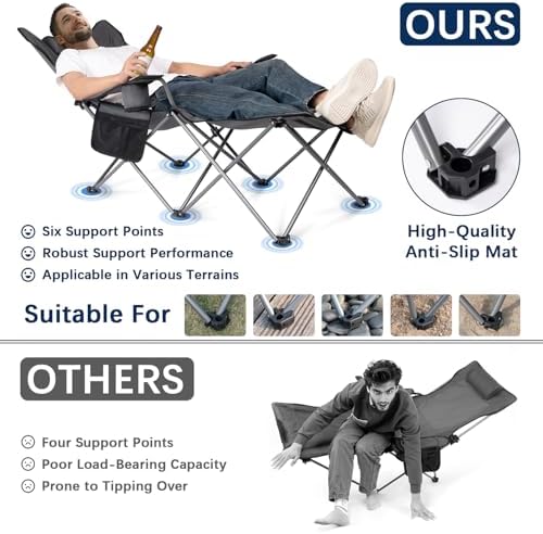 apollo walker Camping Chairs for Adults - 6 Legged Beach Chair with Foot Rest, Adjustable 90° - 135° Reclining Lounge Chair Outdoor, Folding Chairs for Outside with Detachable Pillow & Carry Bag Grey
