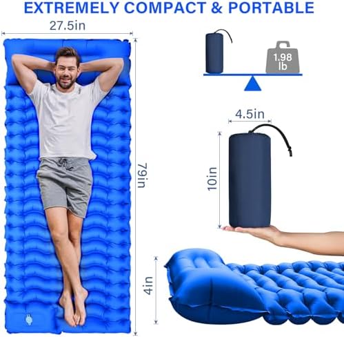 Camping Sleeping Pad, Ultralight Camping Pad with Pillow Built-in Foot Pump Inflatable Sleeping Mat Compact for Camping Backpacking Hiking Traveling - Blue