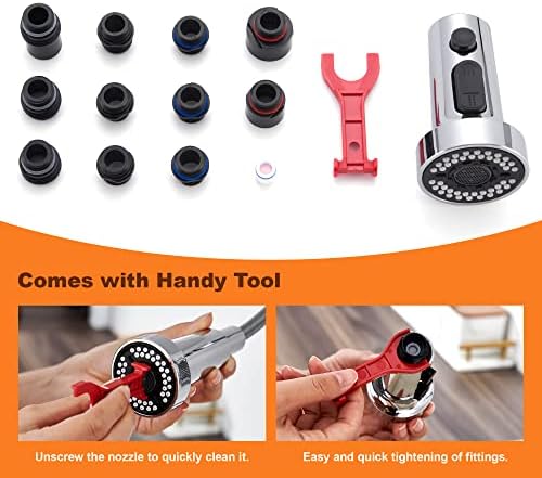 Kitchen Faucet Head Replacement with 15 Adapters, 3 Function Pull Down Kitchen Faucet Spray Head, Pull Out Kitchen Sink Tap Sprayer Nozzle, Chrome, Plastic