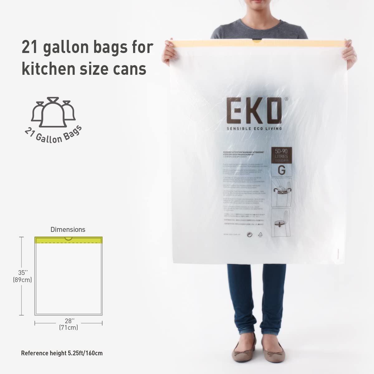 EKO Easy-Dispense Roll of 60 Count Extra-Strong Drawstring Kitchen Trash Bags - 21 Gallon Garbage Bags (79.5L) 1 pack, Code G