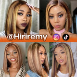 Highlight Bob Wig Human Hair 13x4 HD Lace Front Wigs Human Hair Pre Plucked Hairline Frontal Glueless Short Straight Bob Wigs for Black Women Human Hair Ombre Brown Honey Blonde P4/27 12 Inch