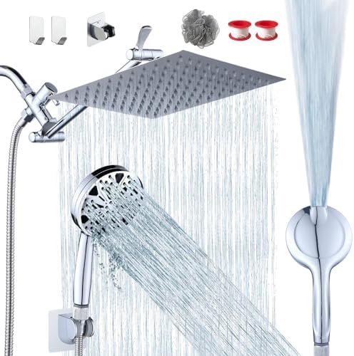 10''Rainfall Shower Head with Handheld Combo High Pressure 8+2 MODE built-in power wash, Stainless Steel Chrome Showerhead with 11'' Extension Arm Height/Angle Adjustable with Holder&60"Hose