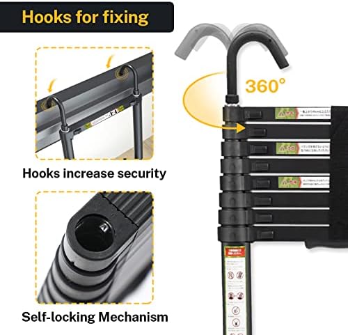 Telescopic Ladder, 8.5FT RIKADE Aluminum Telescoping Ladder with Non-Slip Feet and Stable Hook, Portable Extension Ladder for Household and Outdoor Working, 330lb Capacity Black