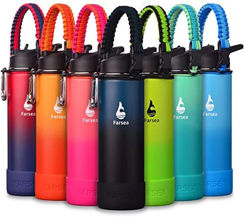 Farsea Insulated Water Bottle With Paracord Handle, Protective Silicone Boot and 2 Lids (Straw Lid & Spout Lid), Stainless Steel Water Bottle Wide Mouth, Double Wall Sweat-Proof BPA-Free, 24 oz