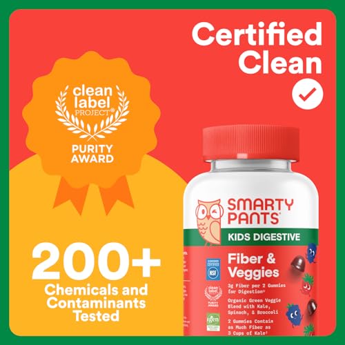 SmartyPants Kids Fiber & Veggies: Prebiotic Fiber Gummies for Kids, Fiber Supplement with Inulin, Organic Green Veggie Blend, Vegan, Gluten Free, Mixed Berry Flavor, 60 Count (30 Day Supply)