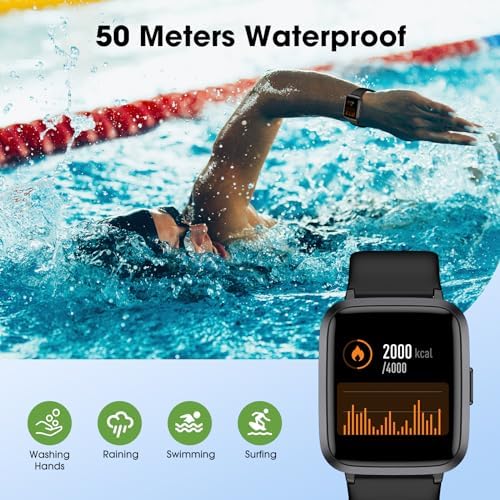 Fitness Tracker Watch with Heart Rate Monitor, Large Screen Activity Tracker with Pedometer, Sleep Monitor, Calories & Step Counter, 5ATM Waterproof Smart Watch for Women Men Fitness Watch for Sports