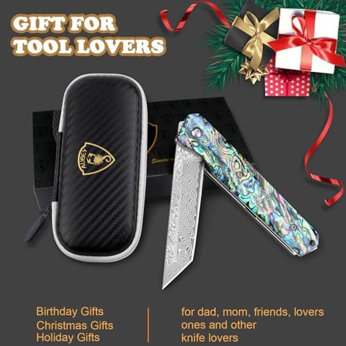 AUBEY Damascus Pocket Knife with Clip, Sharp Tanto Blade with VG10 Core Folding Knife with Abalone Shell Handle and Glass Breaker, EDC Camping Knife for Gift Survival Collection