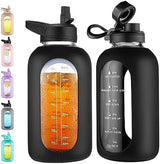 CIVAGO 64 oz Glass Water Bottle Jug with Straw and Handle, Half Gallon Sports Motivational Water Bottle with Time Marker, Wide Mouth Flask Canteen with Silicone Sleeve for Gym, Black