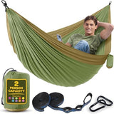 Durable Hammock 500 lb Capacity, Nylon Camping Hammock Chair - Double or Single Sizes w/Tree Straps and Attached Carry Bag - Portable for Travel/Backpacking/Beach/Backyard (Large, Khaki & Army Green)
