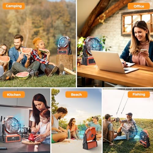 Portable Camping Fan, 20000mAh Rechargeable Battery Operated Fans with Lights, Outdoor Beach Tent Fan, 4 Speed, Adjustable Brightness for Picnic, Barbecue, Fishing, Office, Home